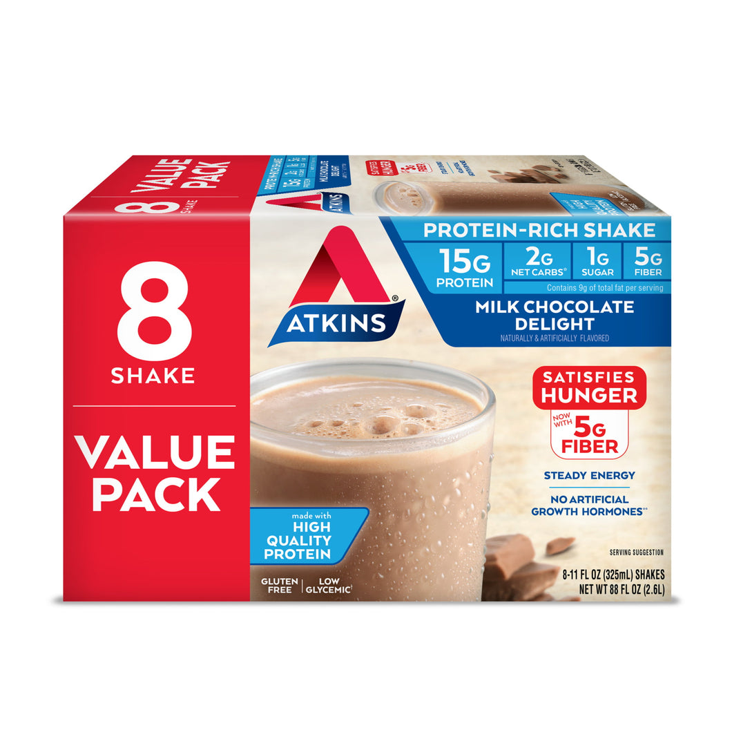 Atkins Gluten Free Protein-Rich Shake, Milk Chocolate Delight, Keto Friendly, 8 Count (Ready to Drink)